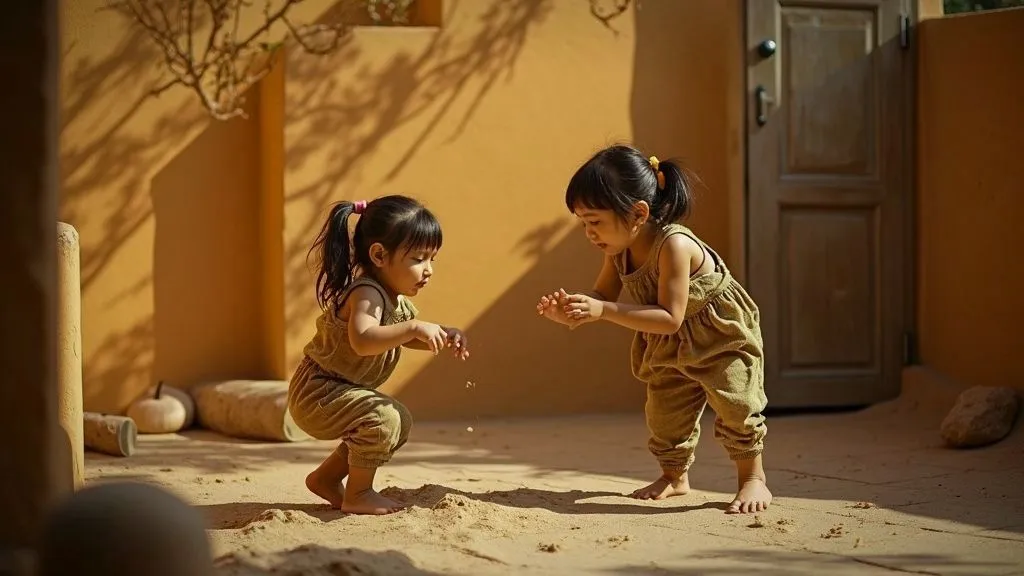 A parent and child engaged in a playful activity at home